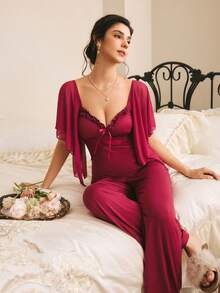 Côtesoire Women's Sexy Elegant Romantic Lace Contrast Mesh Ruffle Sleeve Comfortable Knit Pajama Set - Burgundy - View 4