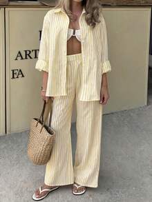 Vaclyn Women's Striped Single-Breasted Long Sleeve Top And Wide Leg Pants Casual Daily Set - Yellow - View 4