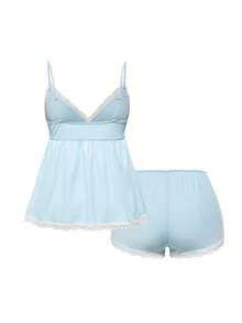 ROMWE Ribbed Lace Camisole & Shorts Lounge Set - Blue - View 2