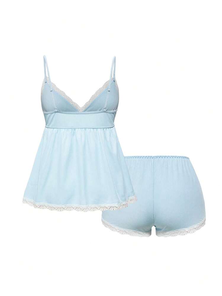 ROMWE Ribbed Lace Camisole & Shorts Lounge Set - Blue - View 2