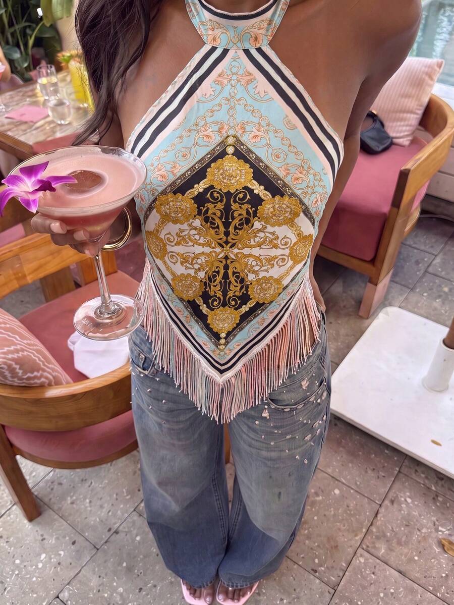 SHEIN Unity 巴洛克印花掛脖流蘇流蘇短版背心上衣 夏季海邊度假海灘夜店泳池派對 絲滑彈性梭織 全白性感