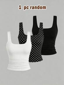 SHEIN 青少年女孩 3-in-1 隨機發貨 1件 白色黑色波點修身背心，休閒基礎百搭，適合日常穿著、街頭出遊、夏季 - 彩色 - 查看 1