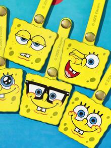 SpongeBob SquarePants | SHEIN Yellow Square Cartoon Leather Cable Organizer Set Of 5, Snap-Button Design For Earphone & Cable Storage, Anti-Tangle Desk Tidy With Assorted Expressions - Yellow - View 3