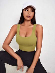 Gameset SHEIN Sport 女款素色羅紋無縫運動內衣，適合日常健身與運動 - 綠色 - 查看 2