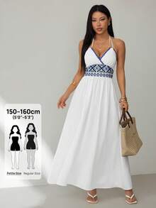 SHEIN PETITE 女款夏季刺繡拼接開衩洋裝，適合度假、海灘穿搭，小個女款度假洋裝 - 白色 - 查看 1