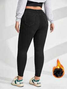SHEIN ICON 大尺碼女款高腰口袋保暖內裡緊身休閒百搭牛仔褲 - 黑色 - 查看 3