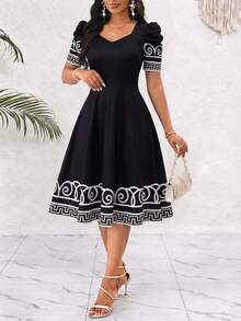 SHEIN Lady Women's Geometric Print Sweetheart Neckline Short Petal Sleeve Elegant Vintage 70s Retro Dress Wedding Party Night Bar Dinner Black And White Summer - Black and White - View 5
