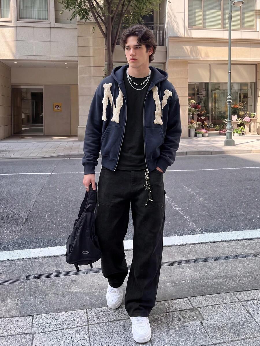 Resyla Men 秋冬男款拉鍊連帽衫,附毛絨字母貼花 - 藏蓝色 - 查看 1