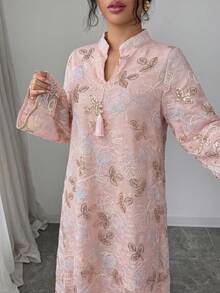 Al Najma Women's Summer Long Gold Craft Mesh Fabric Tassel Robe - Pink - View 6