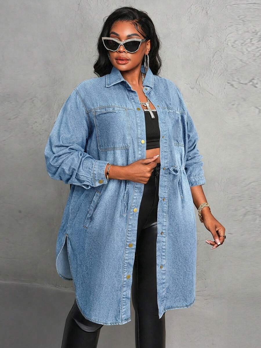 SHEIN EMERY ROSE CURVE Plus Size Casual Drawstring Waist Denim Jacket, Autumn - Light Wash - View 1
