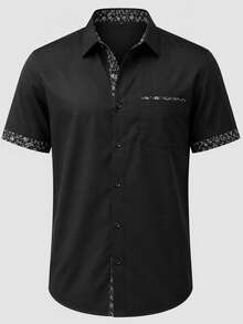Manfinity Mode Men's Business Casual Dark Color Pocket Design Patchwork Short Sleeve Shirt - Black - View 3