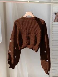 Comfortcana 女款休閒愛心刺繡開襟衫，秋冬款 - 棕色 - 查看 2