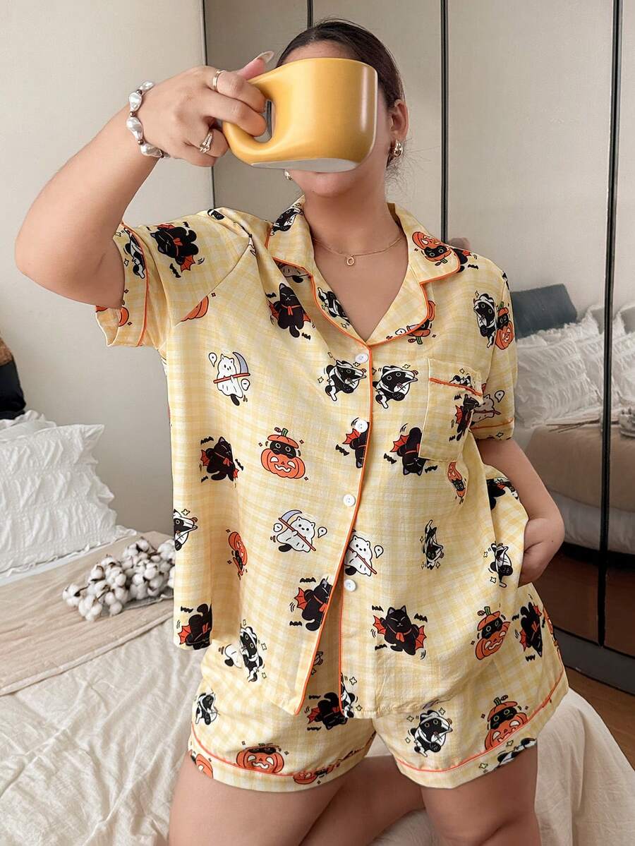 Napfluff CURVE Napfluff CURVE Halloween Themed Cartoon Print Bubble Crinkle Button-Up Short Sleeve Shorts Pajama Set Plus Size - Yellow - View 1