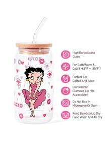 Betty Boop x SHEIN 復古卡通女孩印花玻璃杯附蓋與吸管，16.9oz/500ml 高硼矽玻璃梅森飲水杯，適用冰咖啡、果汁與冷飲 - 玫瑰紅 - 查看 3