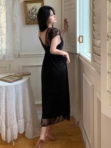 DAZY Women's Lace Patchwork Sheer Cami Nightdress Summer Pajama - Black - View 2
