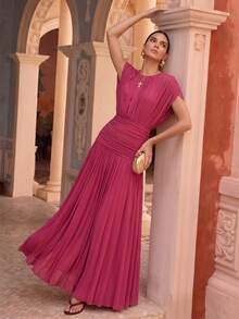 Anewsta Spring/Summer New Solid Color Elastic Mesh Soft Delicate Round Neck Ruched Design Long Dress For Women Party Night Fuchsia Pink Elegant - Hot Pink - View 5