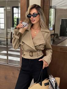 SHEIN Frenchy Women's Autumn Casual Double-Breasted Cropped Trench Coat Jacket - Khaki - View 3