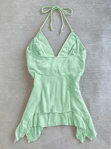 IslaSuriya Women's Asymmetric Hem Ribbon Trim Halter Neck Top - Green - View 2