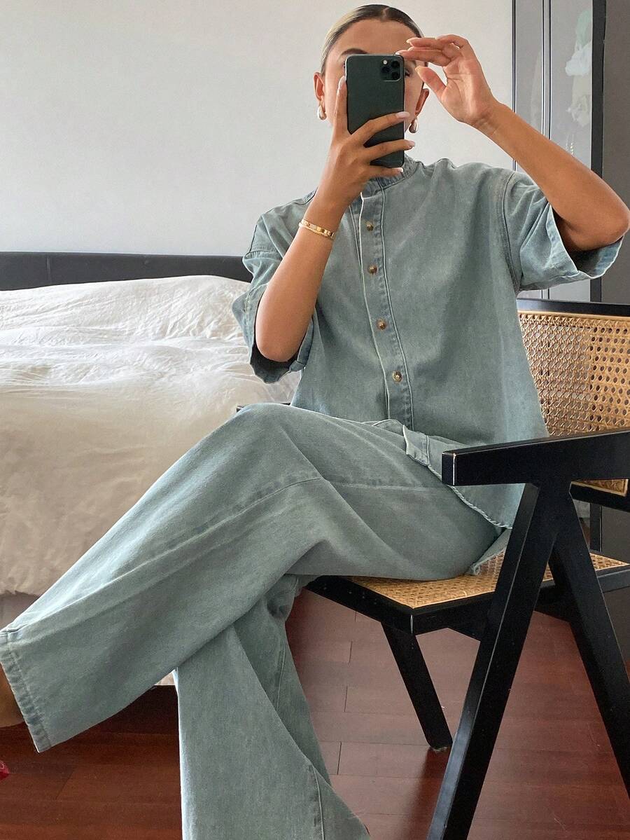Livesso 女款棉質領口短袖鈕扣開襟淺藍色水洗牛仔上衣與裙子套裝 - 淺色水洗藍 - 查看 1