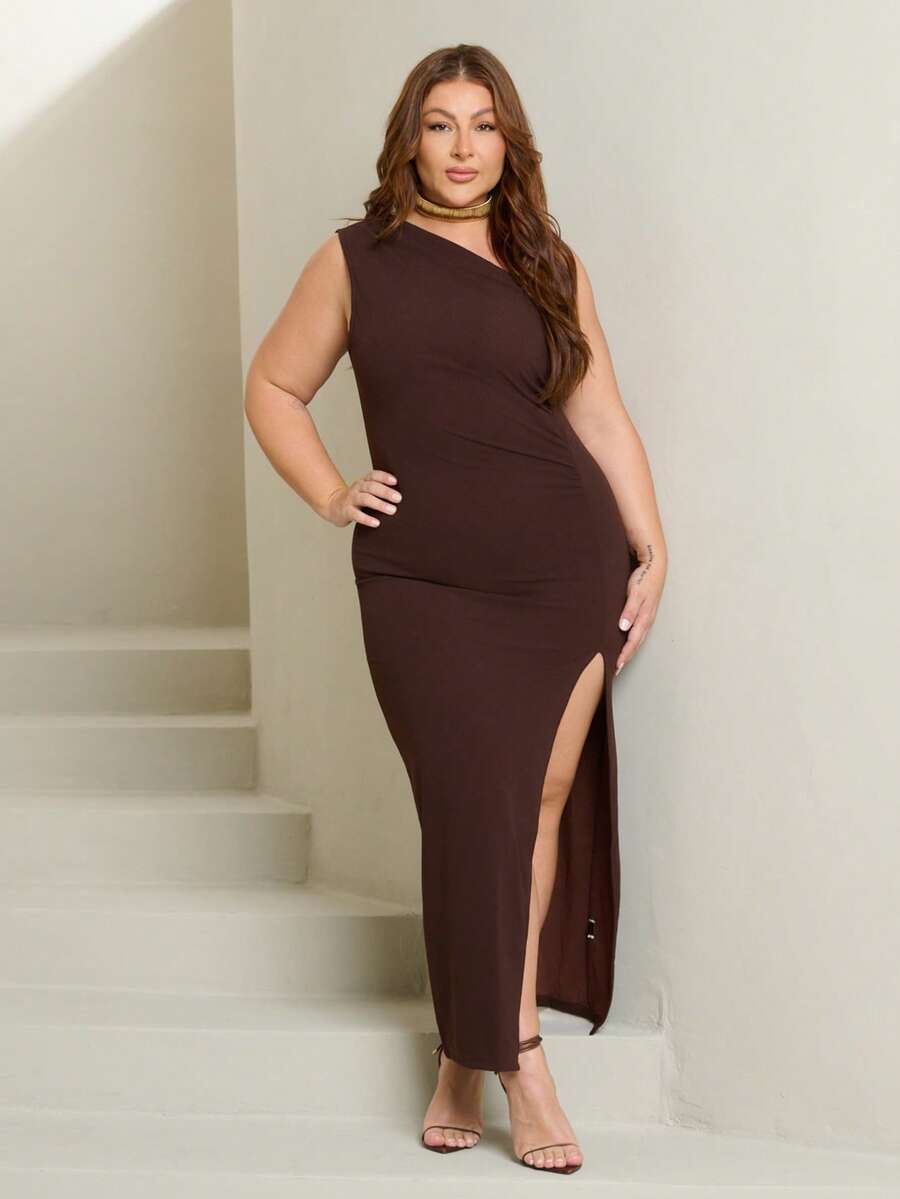 Lele Munniz Plus Size Women's Solid Color One Shoulder Sleeveless Side Slit Hem Fashion Dress Cocktail Brown Summer Sexy Elegant - Brown - View 1