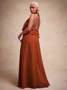 Vixey Solid Chiffon Fully Lined Tiered Ruffle Flowy Halter Neck Maxi Dress, Casual Dress - Orange - View 2