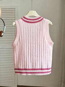 SHEIN 女童 (大號) 淺杏色 V 領刺繡針織背心，柔軟舒適，適合外出、旅行、度假、托兒所和玩耍 - 粉色 - 查看 2