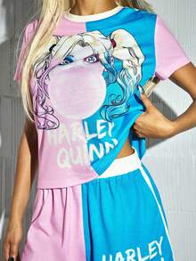Harley Quinn X SHEIN Ensemble de pyjama femme avec Top et short à imprimé dessin animé et patchwork blocs de couleurs - Rose pâle - Voir 6