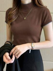 SHEIN Franclia Semi-High Neck Fitted Shell Embroidery Pullover Short Sleeve Knit Top - Coffee Brown - View 3