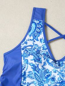 Swim Lushoire Women's Summer Blue Floral Print Casual Vacation Blue Paisley Print Two Pieces Swimsuit Set,Drawstring Two Pieces Tankini Swimsuit Set - Blue - View 7