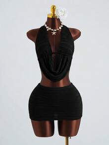 Sirith Setelan Liburan Wanita 2 Potong Atasan dan Rok Model Halter dengan Leher Kerah Bertekstur - Hitam - View 3