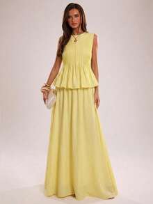 SHEIN BAE Women's Elegant Solid Color Pleated Design Ruffle Hem Tank Top And Skirt Set - Yellow - View 1
