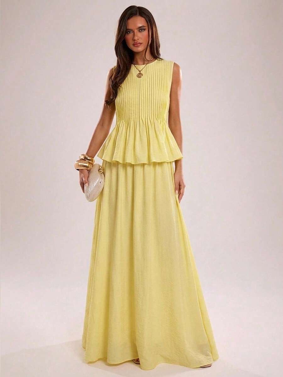 SHEIN BAE Women's Elegant Solid Color Pleated Design Ruffle Hem Tank Top And Skirt Set - Yellow - View 1