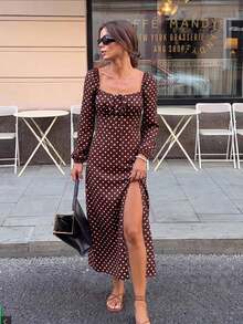 Serisse Women's Polka Dot Print Front Tie Long Sleeve Split Hem Elegant Midi Dress,Fall/Winter ,Formal ,Business ,Chic ,Back To School,Christmas,New Year , - Brown - View 4