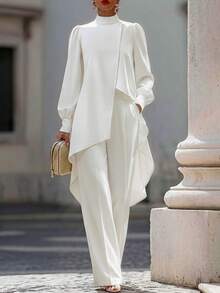 SHEIN Franclia Women's Solid Color Stand Collar Puff Long Sleeve Asymmetrical Hem Blouse And Wide Leg Pants Elegant 2 Pieces Set - White - View 3