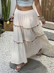Sunnyshic Plus Size Vacation Style Tassel & Shell Decor Ruffle Hem Skirt Fall - Beige - View 1