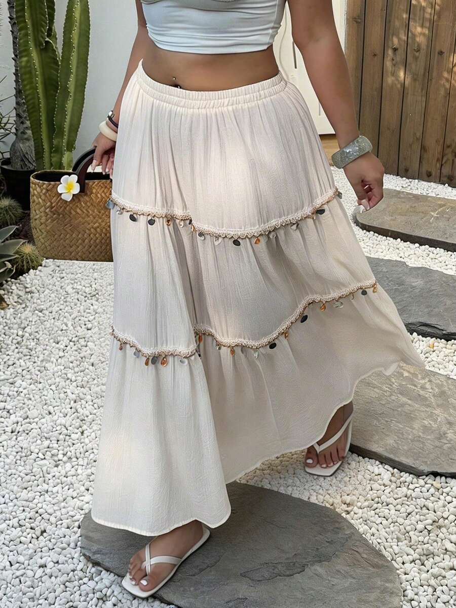 Sunnyshic Plus Size Vacation Style Tassel & Shell Decor Ruffle Hem Skirt Fall - Beige - View 1