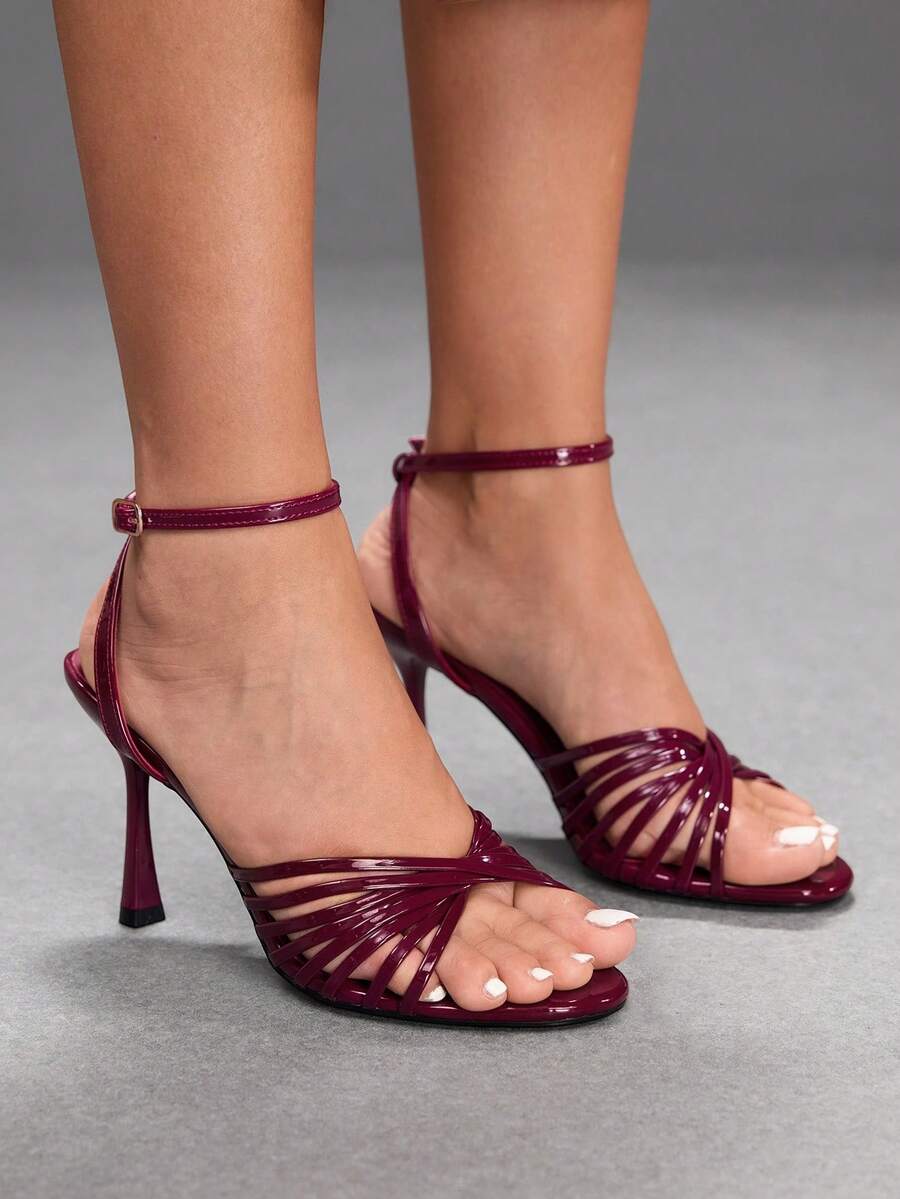 CUCCOO SZL Women's Burgundy Stilettos With Buckle Ankle Straps - Crossed Sandals For Gorgeous Parties And Formal Occasions - Burgundy - View 1