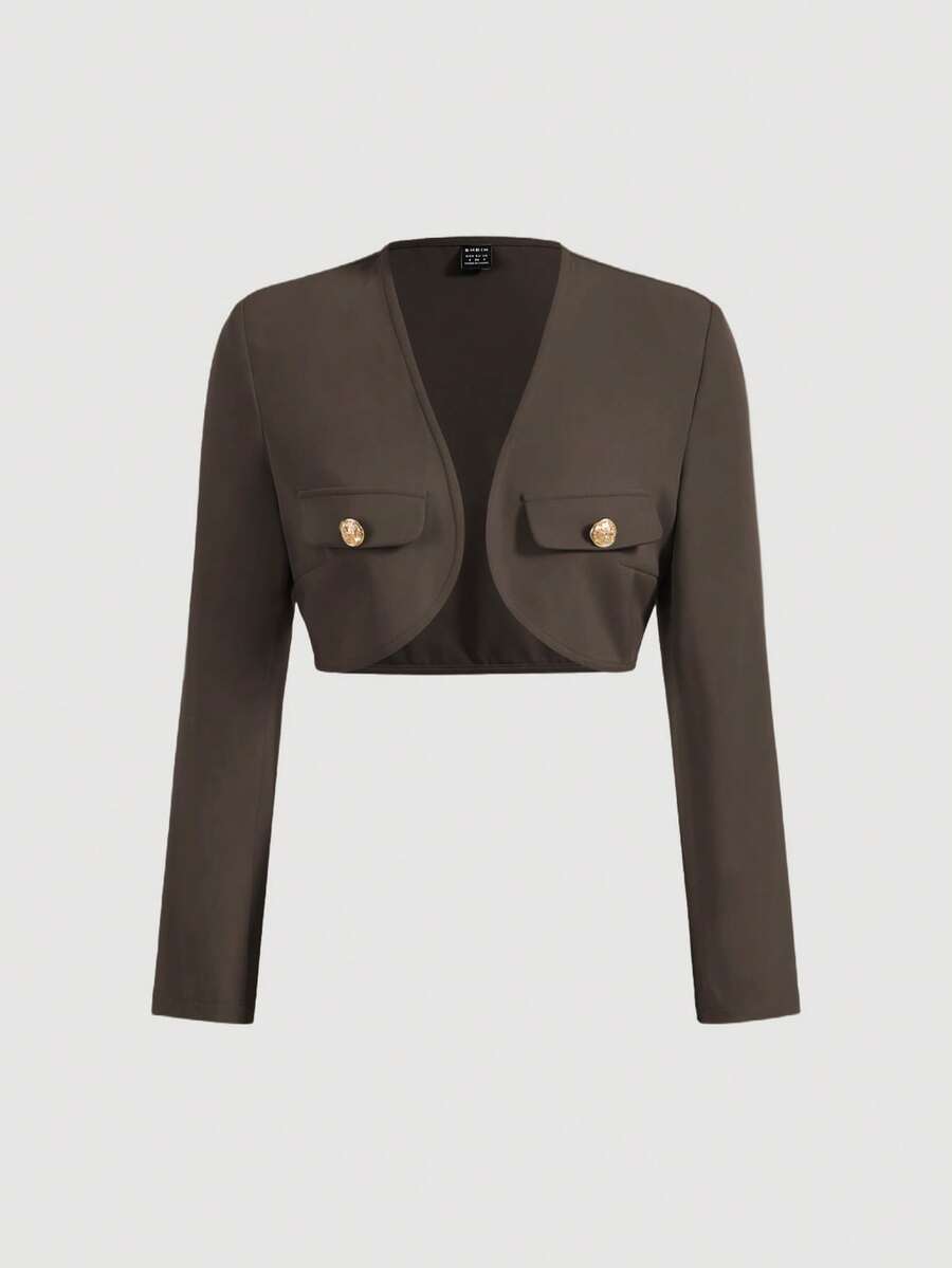 SHEIN MOD Solid Button Detail Crop Jacket In Fall/Winter - Mocha Brown - View 1