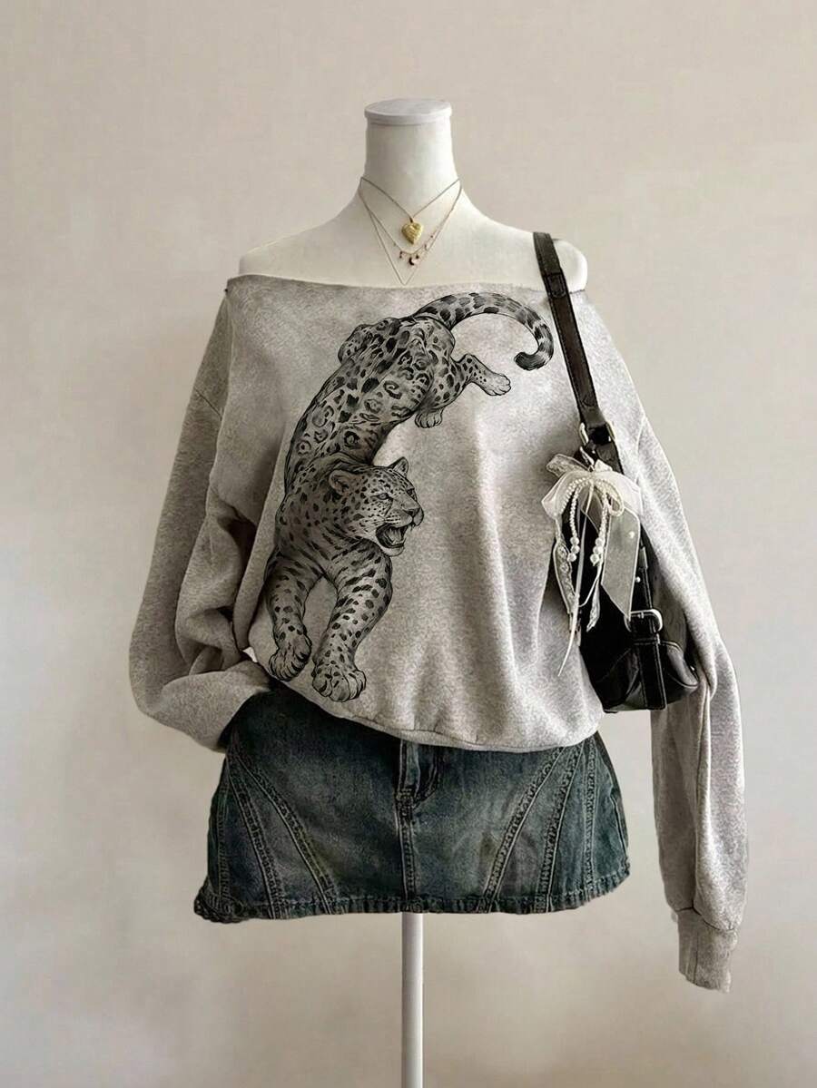 SHEIN EZwear 女款休閒露肩寬鬆衛衣，虎紋印花，女款秋冬服飾，Y2K服飾，街頭風，街頭風格，適合日常通勤、約會、派對、秋冬、夏季、派對、婚禮、海灘、畢業典禮、優雅、休閒、外出、Y2K、音樂節穿搭、度假服飾、返校服飾 - 彩色 - 查看 1