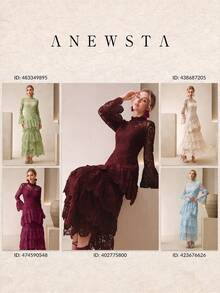 Anewsta 女款時尚優雅蕾絲派對洋裝，層次抓皺下擺、收腰顯瘦多層蛋糕蕾絲長袖洋裝 - 紅色 - 查看 8