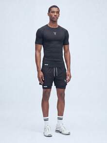 Nelvento Soul 2pcs Men's Short Sleeve Top And Drawstring Shorts Two Pieces Sport Suit, Fitness Outdoor Casual Workout Set Gym Compression Sports Black - Black - View 4