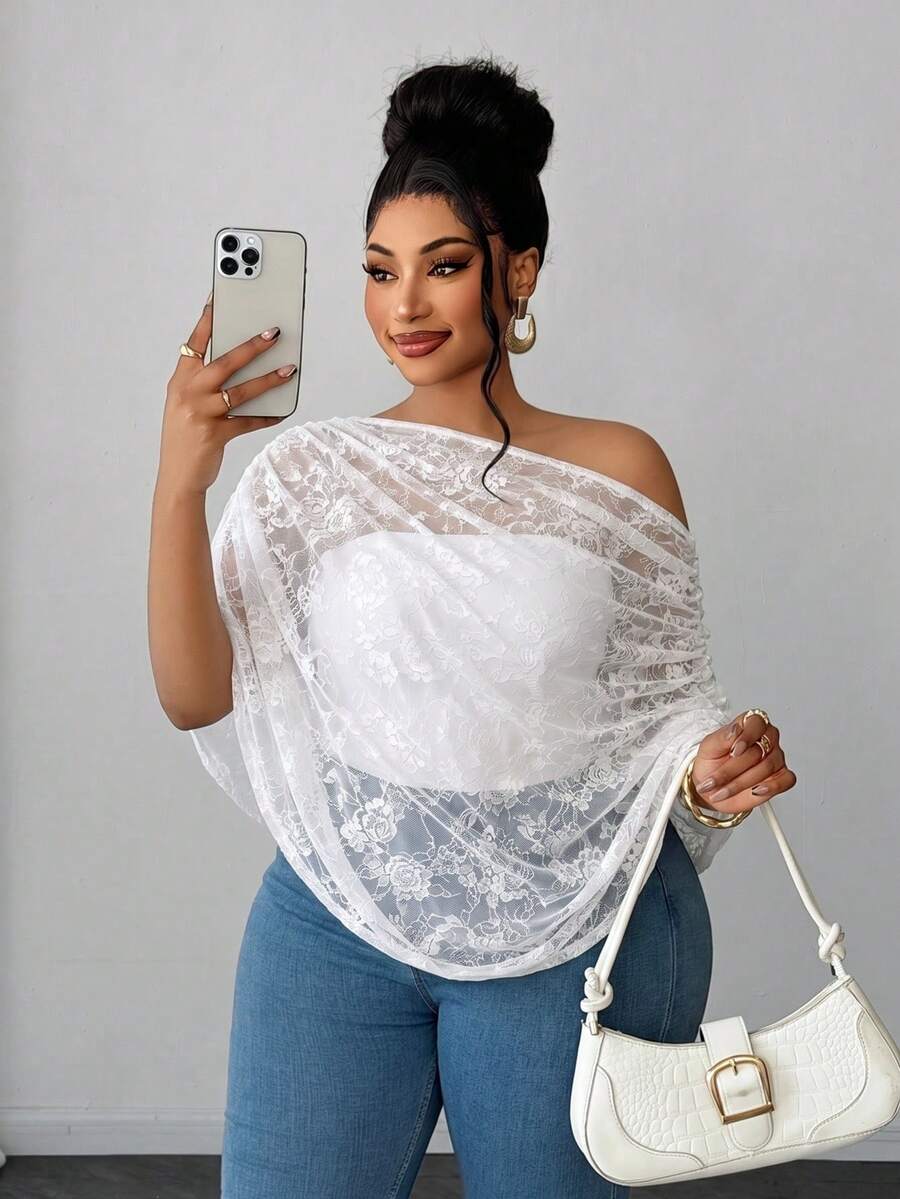 Maweii White Lace Top For Women, Ruched Asymmetrical Shoulder Design Niche Short Sleeve Blouse - White - View 1