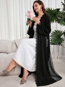 Al Najma Women's Solid Color Lace Patchwork Elegant Long Sleeve Abaya - Black - View 1