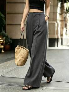 SHEIN PariChic Celana Panjang Kasual Minimalis Elegan dengan Lipatan Longgar Berbahan Rajut dan Potongan Lebar untuk Perjalanan Sehari-hari - Grey - View 4