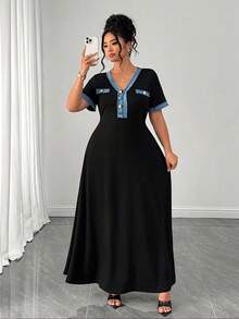 SHEIN CURVE+ Plus Size Women's Knitted Ribbed Fabric Long Dress, Short Sleeve Sexy Slim Fit Button Elegant Party Dress - Black - View 4