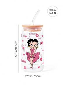 Betty Boop x SHEIN 復古卡通女孩印花玻璃杯附蓋與吸管，16.9oz/500ml 高硼矽玻璃梅森飲水杯，適用冰咖啡、果汁與冷飲 - 玫瑰紅 - 查看 5