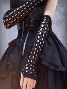 ROMWE Goth 1 Pair Dark Punk Black Ripped Distressed Arm Sleeves - Black - View 5