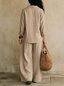LUMIGAL Women's Khaki Loose Collar Shirt And Wide Leg Pants 2 Pieces Set - Khaki - View 2
