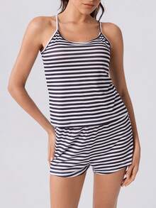 Loungeista Women's Casual Black & White Striped Print Camisole Pajama Set - Multicolor - View 6
