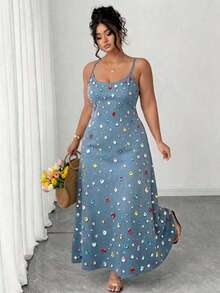 Elenzga Vestido de tirantes finos azul desgastado simple talla grande - Multicolor - Ver 1